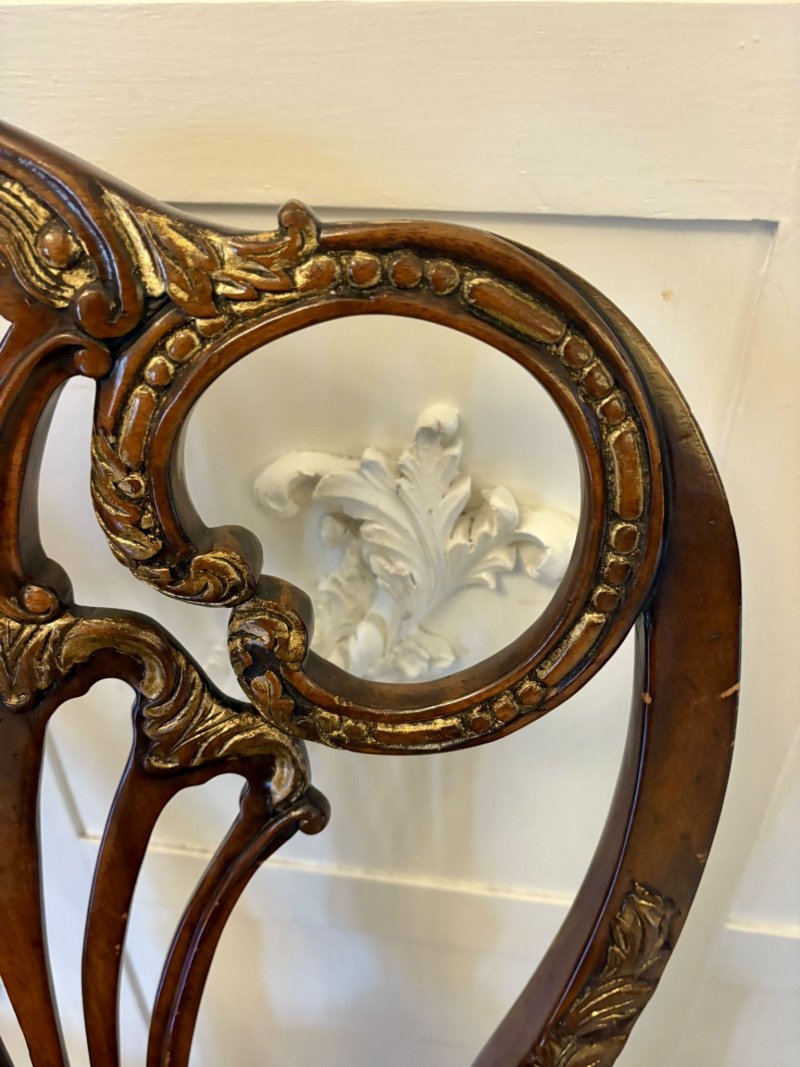 Outstanding Quality Set of 8 Antique Edwardian Carved Walnut and Gilded Dining Chairs - Image 11